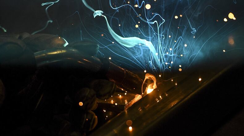 Senior Airman Kelly Huddleston, 51st Maintenance Squadron aircraft metals technology journeyman, welds together an A-frame at Osan Air Base, Republic of Korea, March 7, 2017. The Airmen assigned to the aircraft metals technology shop are highly skilled technicians with the training and equipment to repair or fabricate almost any metal piece needed across the base. (U.S. Air Force photo/Staff Sgt. Victor J. Caputo)