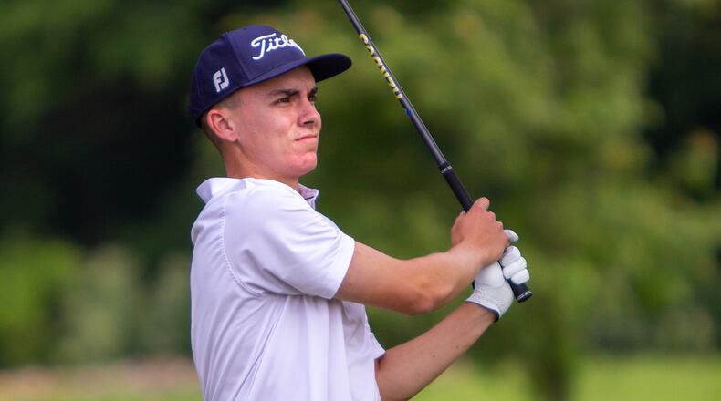 Springboro High School graduate Jordan Gilkison watches a tee shot during U.S. Open final qualifying event last year at Springfield Country Club. Jeff Gilbert/CONTRIBUTED