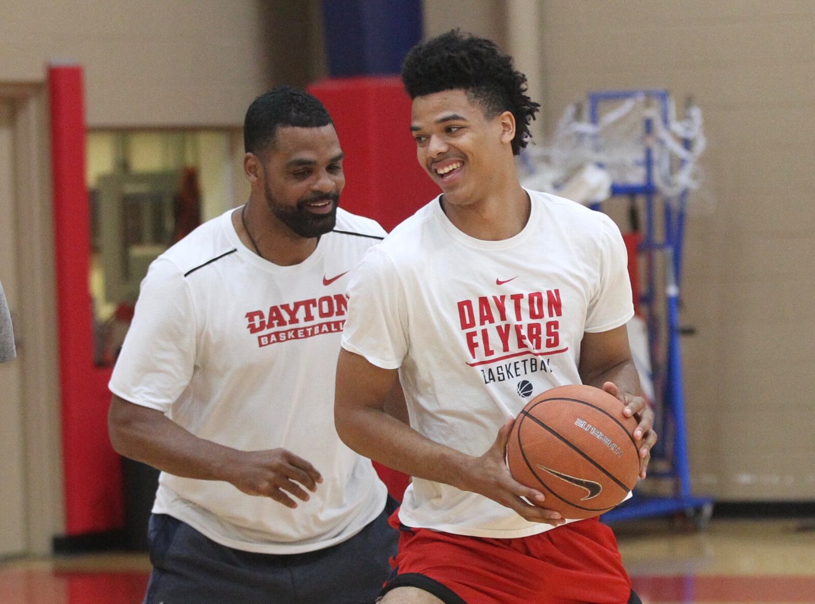 Daytons Ricardo Greer, left, works with Frankie Policelli during practice at the Cronin Center on Tuesday, July 31, 2018, in Dayton. David Jablonski/Staff