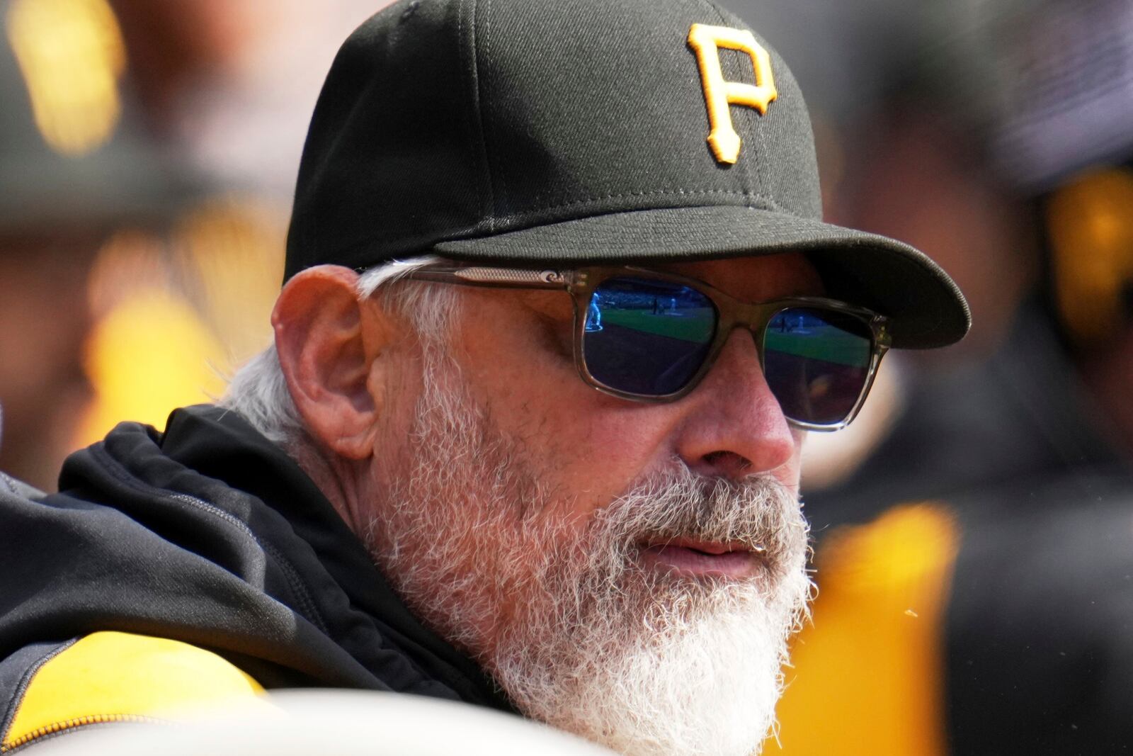 Pittsburgh Pirates manager Derek Shelton stands in the dug out during the first inning of a baseball game against the St. Louis Cardinals in Pittsburgh, Wednesday, April 9, 2025. (AP Photo/Gene J. Puskar)