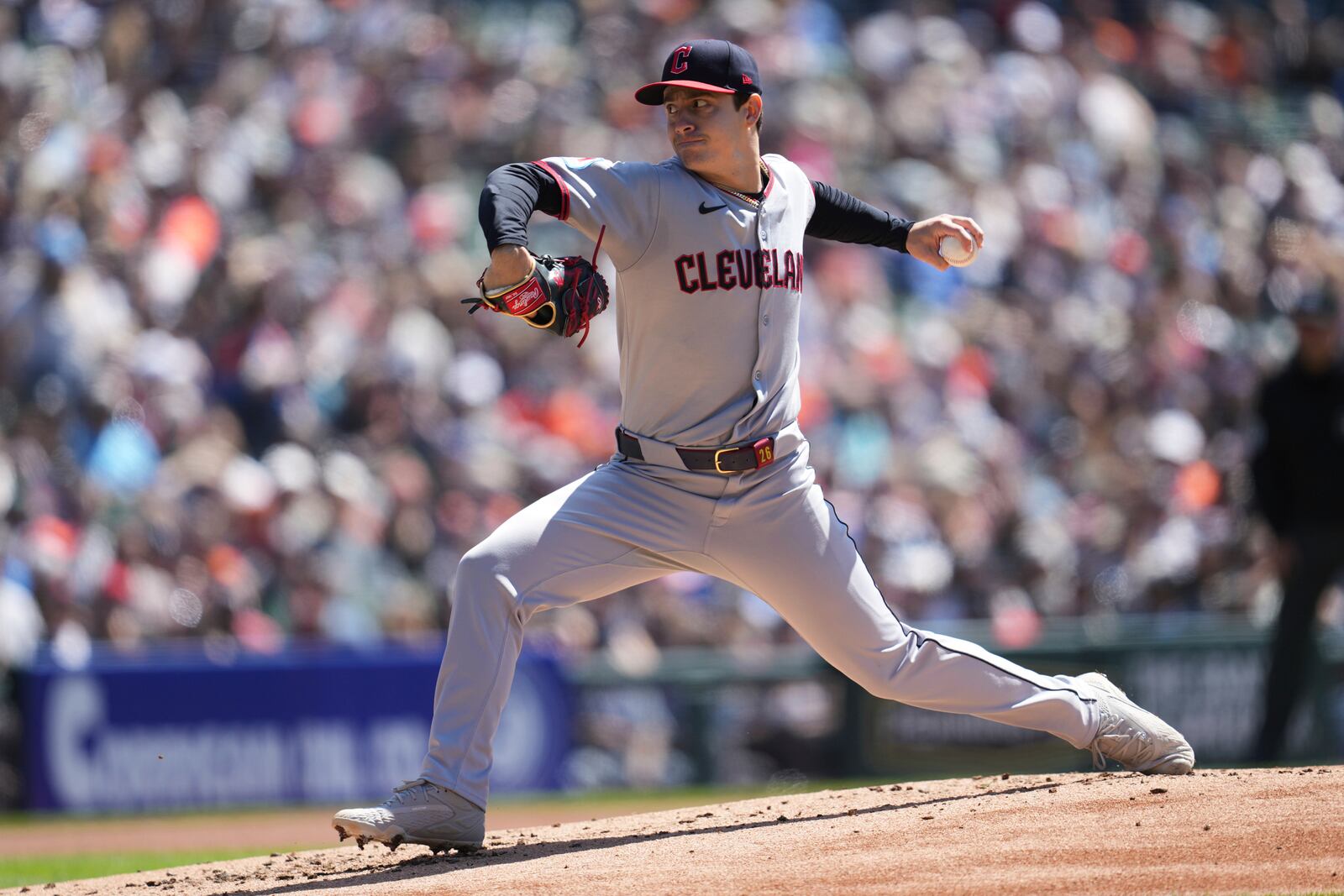 Cleveland Guardians pitcher Logan Allen throws against the Detroit Tigers in the first inning during a baseball game, Sunday, May 25, 2025, in Detroit. (AP Photo/Paul Sancya)
