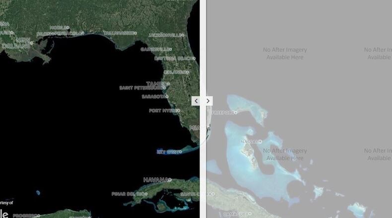 An image capture from the Woolpert web site. The slider in the center allows the user to distinguish before- and after-images of Irma’s destruction.