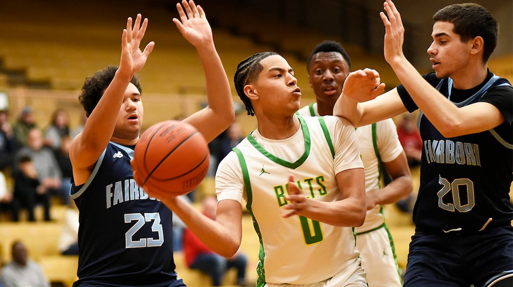 Northmont's Micah Jacobs looks to pass through traffic during their Division II district semifinal game against Fairborn on Monday, March 2, 2026 at the Vandalia Butler Student Activity Center. GEOFF NEVILLE / CONTRIBUTED PHOTO
