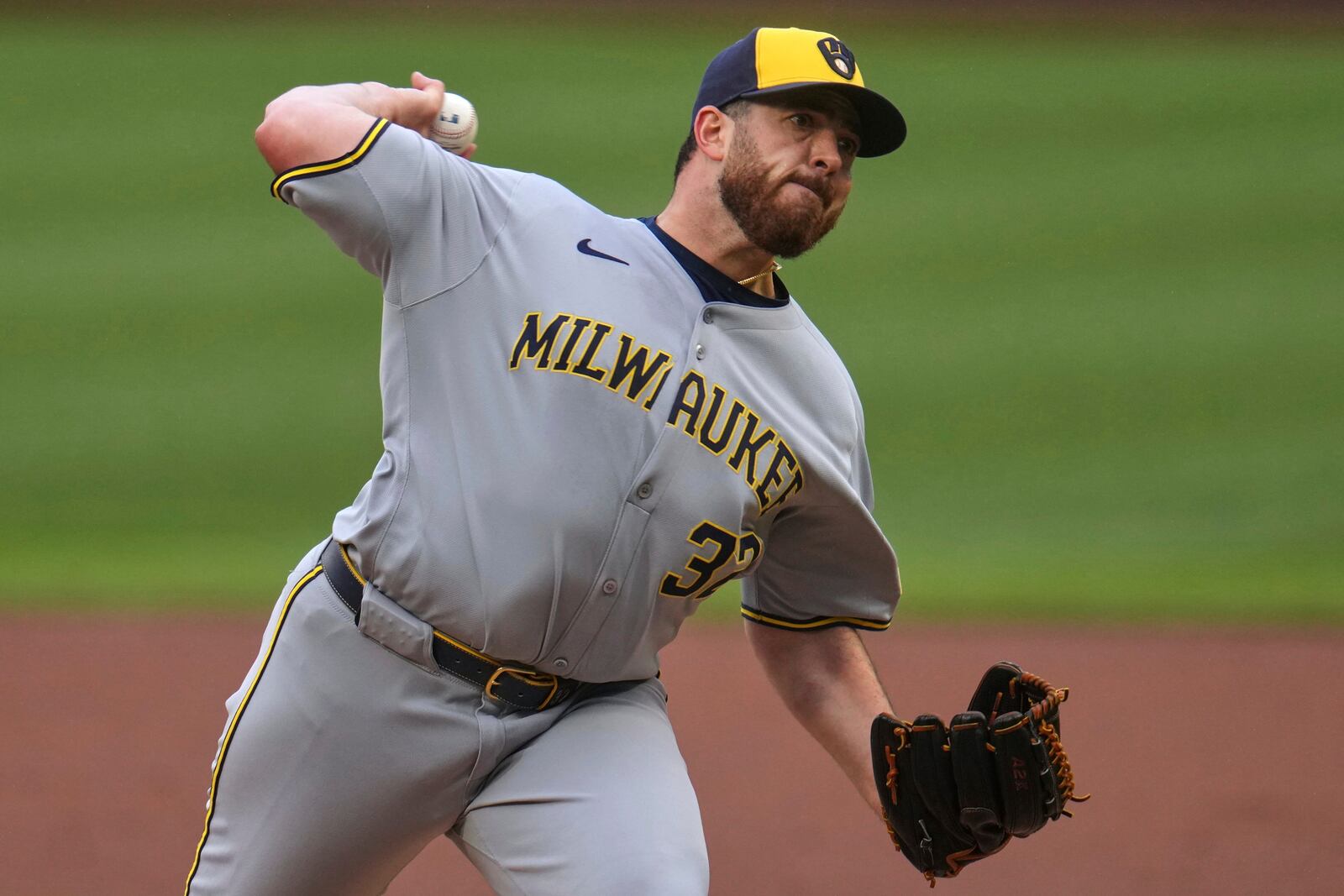 Milwaukee Brewers pitcher Aaron Civale delivers during the first inning of a baseball game against the Pittsburgh Pirates in Pittsburgh, Thursday, May 22, 2025. (AP Photo/Gene J. Puskar)