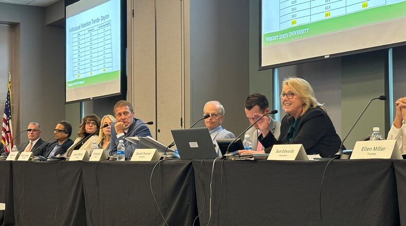 Wright State president Sue Edwards, far right, speaks during a Board of Trustees committee meeting on Thursday, Sept. 12, discussing enrollment trends at the university. Eileen McClory/ staff