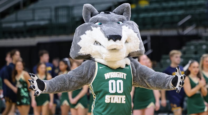 Rowdy Raider performed during Wright State's 86-37 win over Franklin College 86-37 in a season opener on Monday, Nov. 3 at Ervin J. Nutter Center in Fairborn. About 2,900 fans were in attendance. BRYANT BILLING/STAFF
