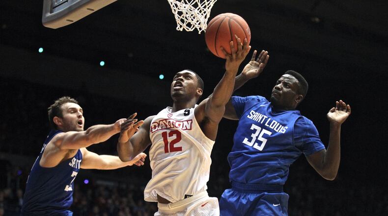 Dayton's Trey Landers scores against Saint Louis on Jan. 22, 2017, at UD Arena.
