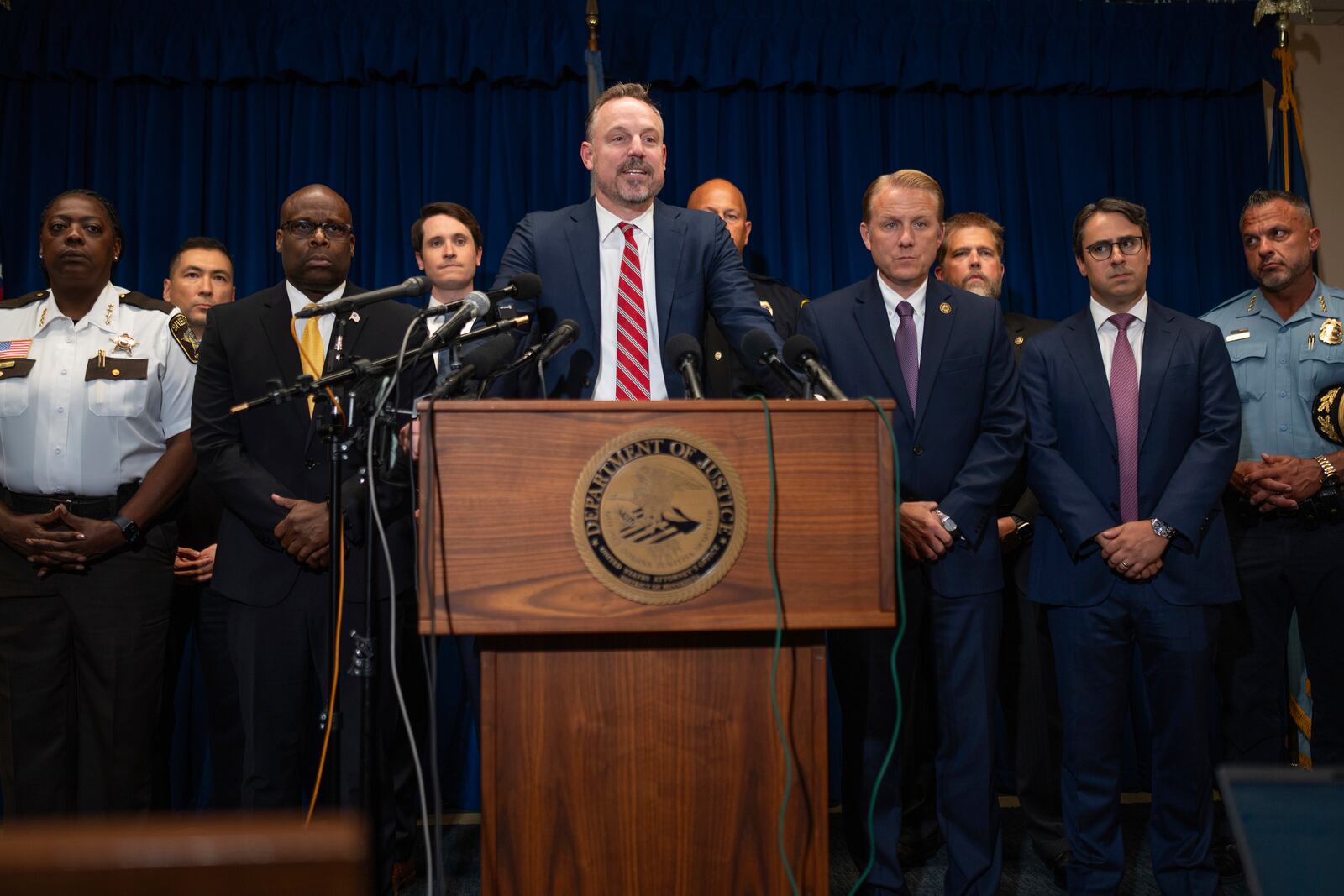 Acting U.S. Attorney for Minnesota, Joe Thompson, speaks to reporters at a news conference on Tuesday, July 15, 2025, in Minneapolis about the grand jury indictment handed up against Vance Boelter, alleging that Boelter fatally shot former Minnesota House Speaker Melissa Hortman and her husband and seriously wounded a state senator and his wife. (Jeff Wheeler/Star Tribune via AP)