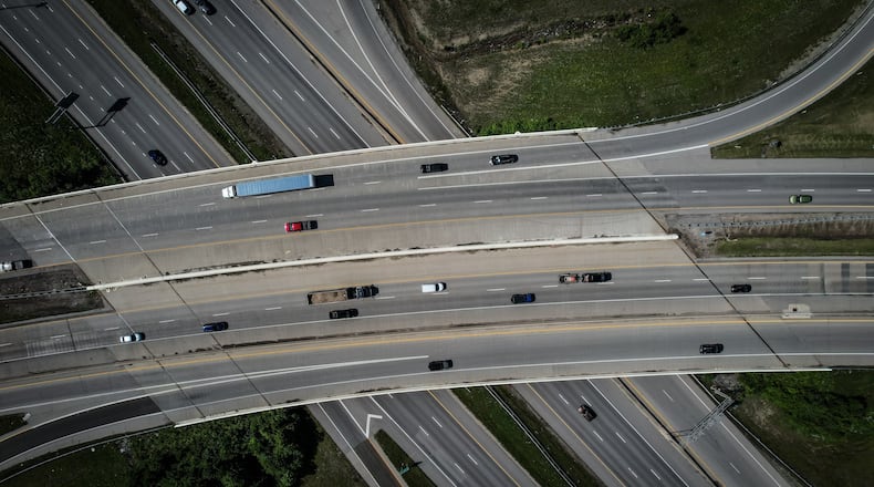 Motorists at the U.S. 35 and Interstate 675 interchange Thursday, May 16, 2024. JIM NOELKER/STAFF