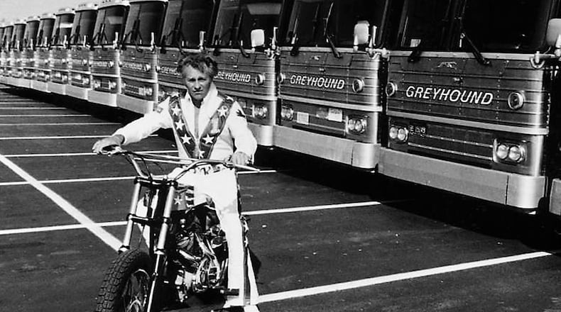 Evel Knievel landed a motorcycle jump over 14 busses at Kings Island in 1975. DAYTON DAILY NEWS ARCHIVES