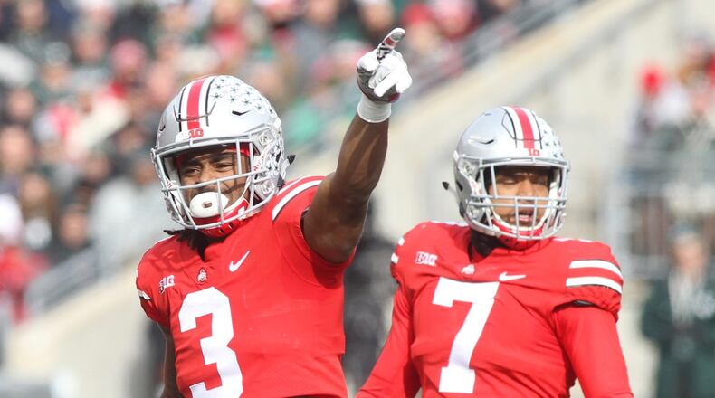 Ohio State’s Damon Arnette celebrates after recovering a fumble against Michigan State on Saturday, Nov. 11, 2017, at Ohio Stadium in Columbus. David Jablonski/Staff
