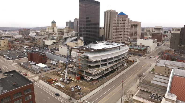 An aerial view of the construction on the new CareSource Center City building at First and Jefferson streets. TY GREENLESS / STAFF