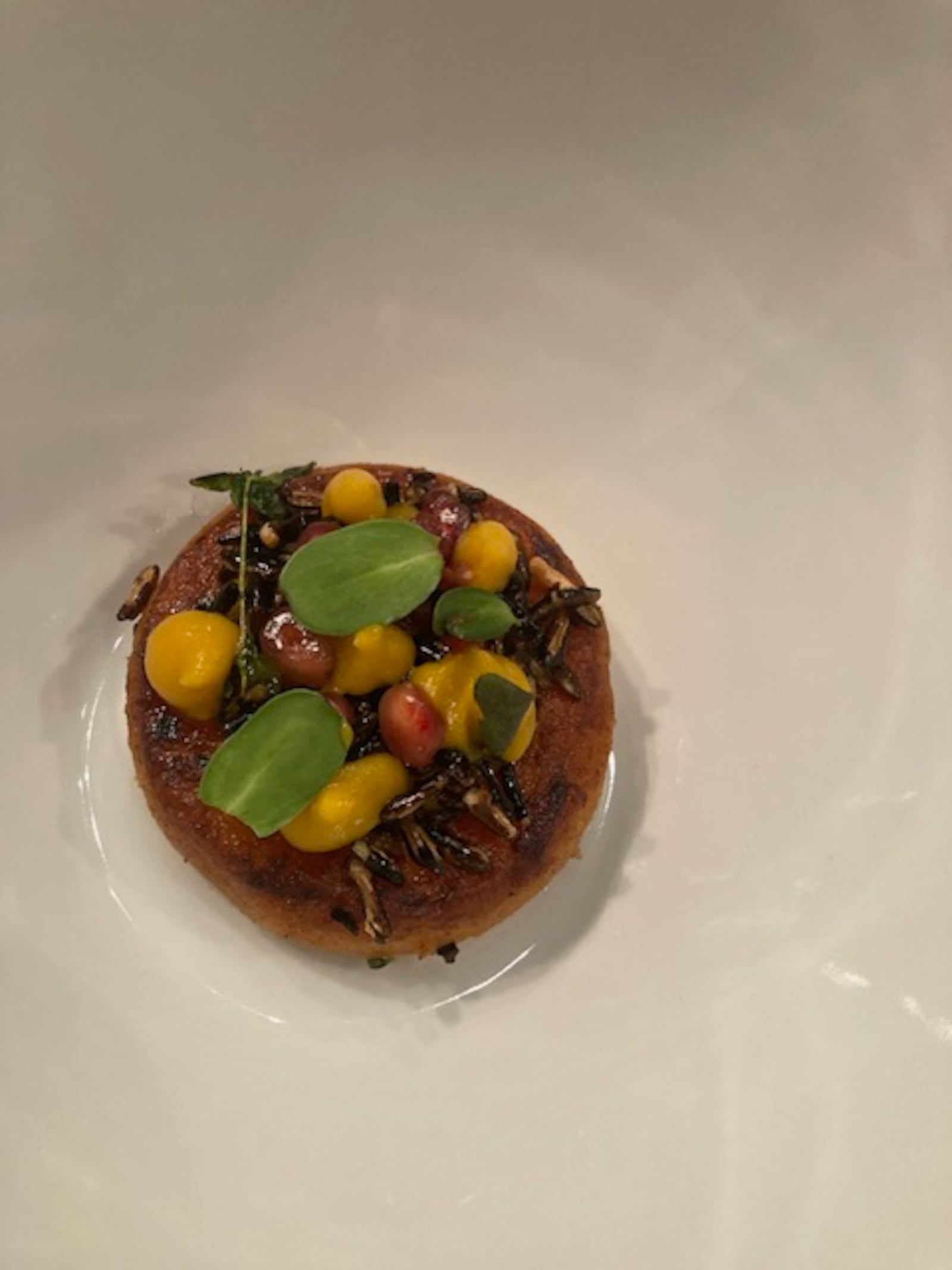 The butternut squash trifecta featured large rounds of squash with a warm squash broth, microgreens and puffed wild rice. CONTRIBUTED