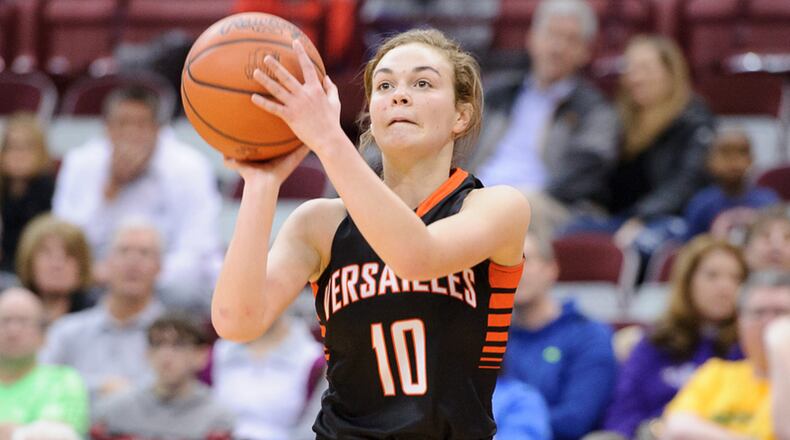 Versailles junior guard Kami McEldowney shoots during the Division III state championship game on Saturday at Ohio State’s Schottenstein Center in Columbus. BRYANT BILLING / CONTRIBUTED