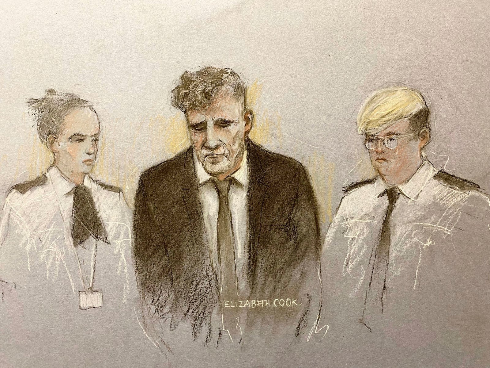 This court artist sketch by Elizabeth Cook shows Paul Doyle, 53, appearing at Liverpool Magistrates' Court, where he was remanded in custody charged with seven offenses following the incident in Liverpool city center on Monday, May 26, 2025. (Elizabeth Cook/PA via AP)