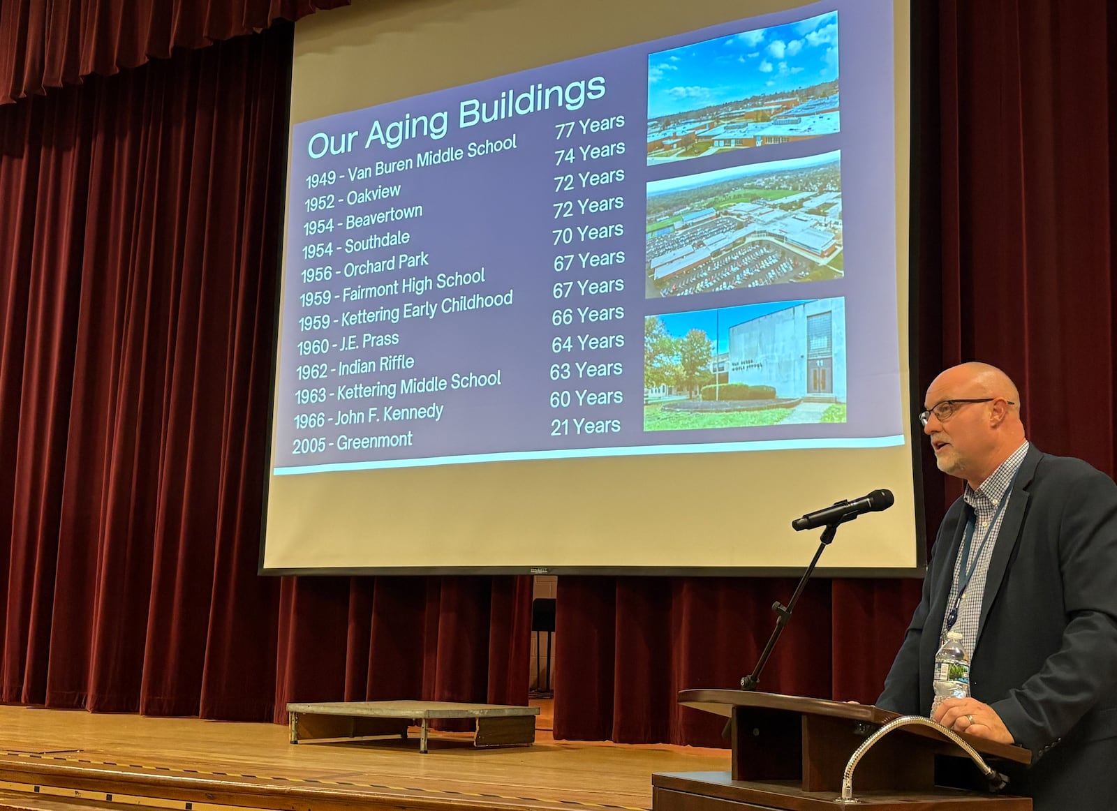 Kettering Schools Assistant Superintendent Dan Von Handorf addresses a crowd on the district's plan to consolidate and build new schools during a forum Wednesday, Oct. 15, 2025, at Van Buren Middle School. JEN BALDUF/STAFF