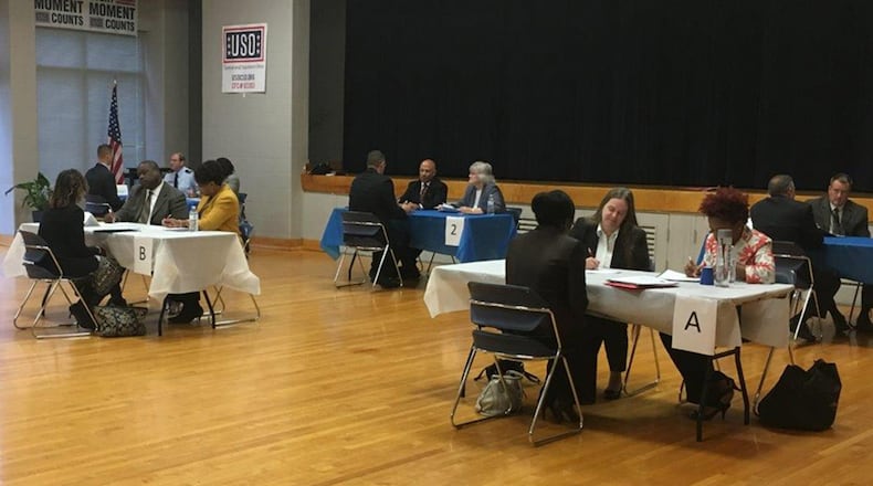 Leaders from across Wright-Patterson Air Force Base participate in a mock interview session, hosted by the Black Employment and Hispanic Employment Programs. Participants received constructive feedback, both written and verbal, from leaders who volunteered for the event. (U.S. Air Force photo/Kimberly Gaither)