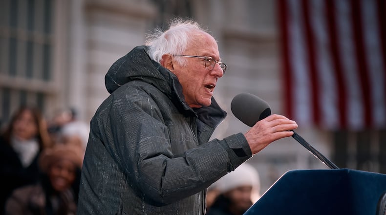FILE - U.S. Sen. Bernie Sanders, I-Vt., speaks during Mayor Zohran Mamdani's inauguration ceremony, Jan. 1, 2026, in New York. (AP Photo/Andres Kudacki, File)