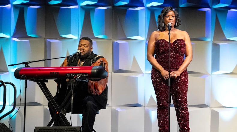 Michael Trotter Jr., left, and Tanya Blount of The War and Treaty perform during Country Radio Seminar on Thursday, Feb. 29, 2024, in Nashville, Tenn. (Photo by Amy Harris/Invision/AP)