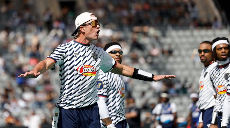 Founders FFC's Tom Brady reacts to a call made by the referee against the U.S. National Flag team during the Fanatics Flag Football Classic, Saturday, March 21, 2026, in Los Angeles. (AP Photo/Caroline Brehman)