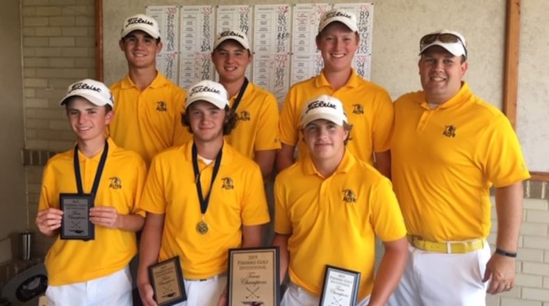 The Alter High School boys golf team won its third straight GCL Co-Ed title. The team members: (front, left) sophomore Tommy Grawe, senior Jack Norman and junior Colin Scheimann. Back (left): senior Jack Holtgreive, senior AJ Pothast, junior John Lunne and coach Alex Schuster. CONTRIBUTED PHOTO