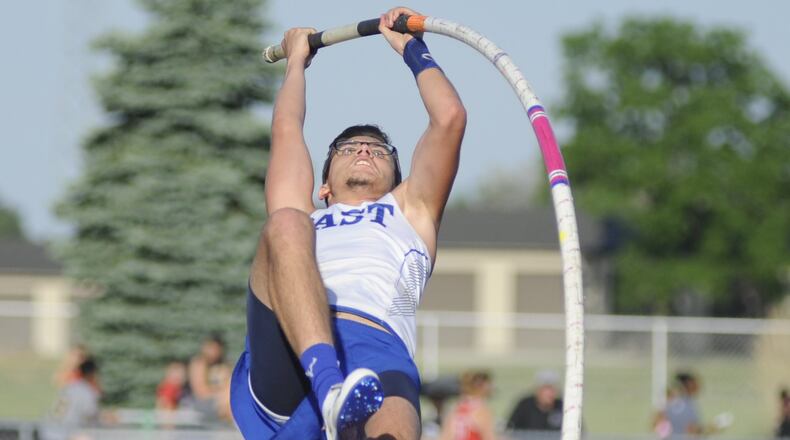 Miami East junior Blaine Brokschmidt won the pole vault during the first day of the D-II regional track and field meet at Piqua on Thursday, May 24, 2018. MARC PENDLETON / STAFF