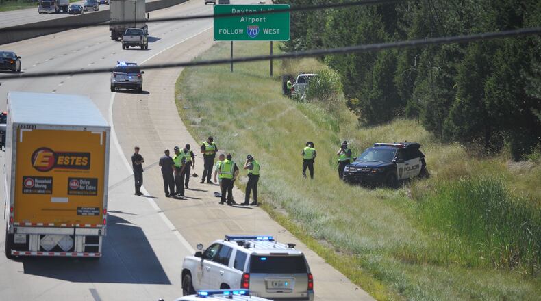 A Huber Heights police officer was injured when it was struck during a pursuit involving the Ohio State Highway Patrol on westbound Interstate 70 on Thursday, Aug. 20, 2020.