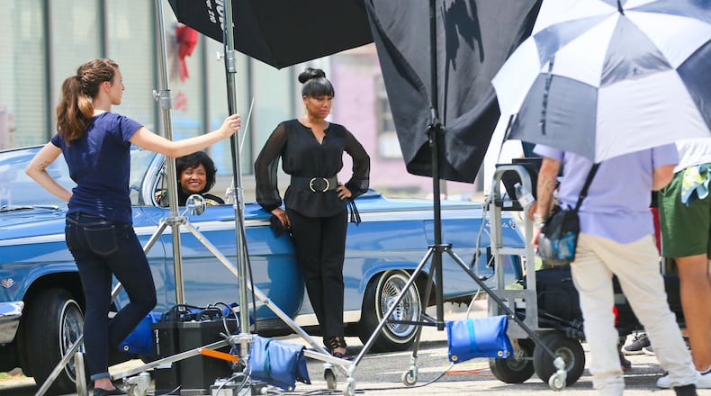 Actors Rhyon Nicole Brown and Michel’le Toussaint pose for promotional pictures for the movie “Girl from Compton,” which filmed scenes Tuesday in Middletown. The movie will finish filming in Cincinnati.