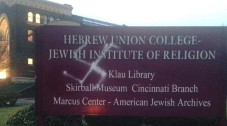 A sign at Hebrew Union College, a seminary school in Cincinnati, was vandalized with a swastika this week. Photos of the sign have been circulating on Twitter since the swastika was discovered Tuesday.