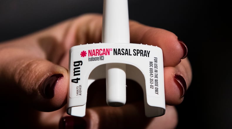 FILE - The overdose-reversal drug Narcan is displayed during training for employees of the Public Health Management Corporation (PHMC), Dec. 4, 2018, in Philadelphia. The U.S. Food and Drug Administration has approved selling overdose antidote naloxone over-the-counter, Wednesday, March 29, 2023, marking the first time a opioid treatment drug will be available without a prescription. (AP Photo/Matt Rourke, File)