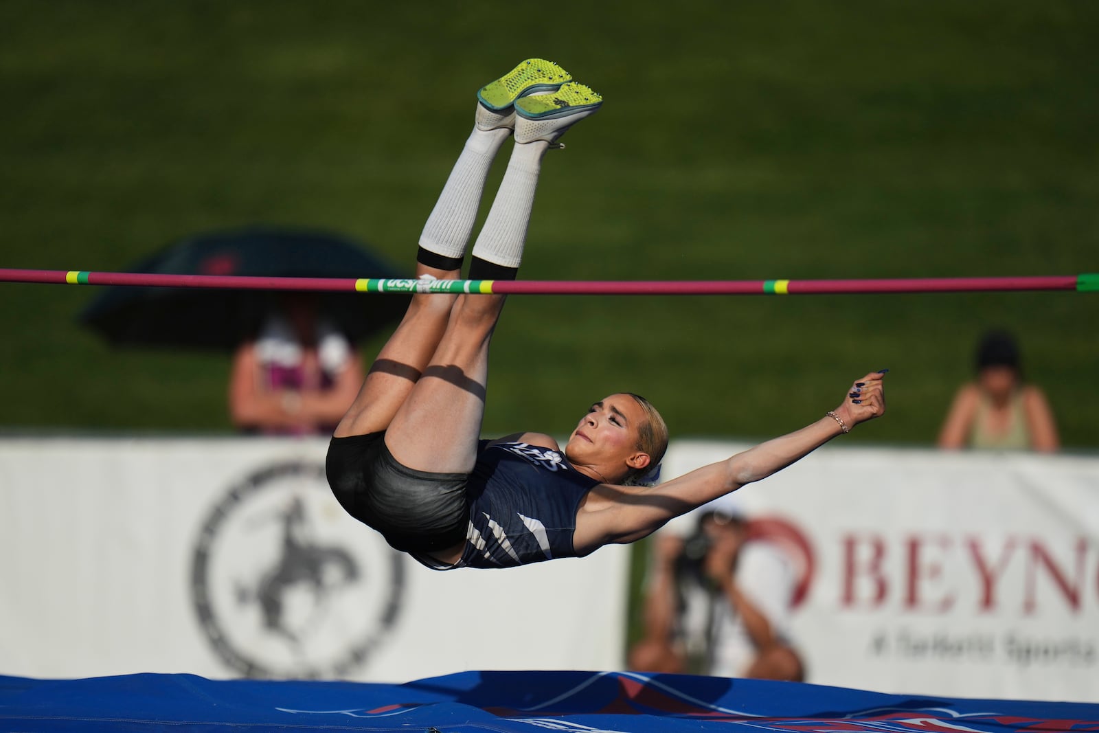 AB Hernandez, a transgender student at Jurupa Valley High School, competes in the high jump at the California high school track-and-field championships in Clovis, Calif., Saturday, May 31, 2025. (AP Photo/Jae C. Hong)