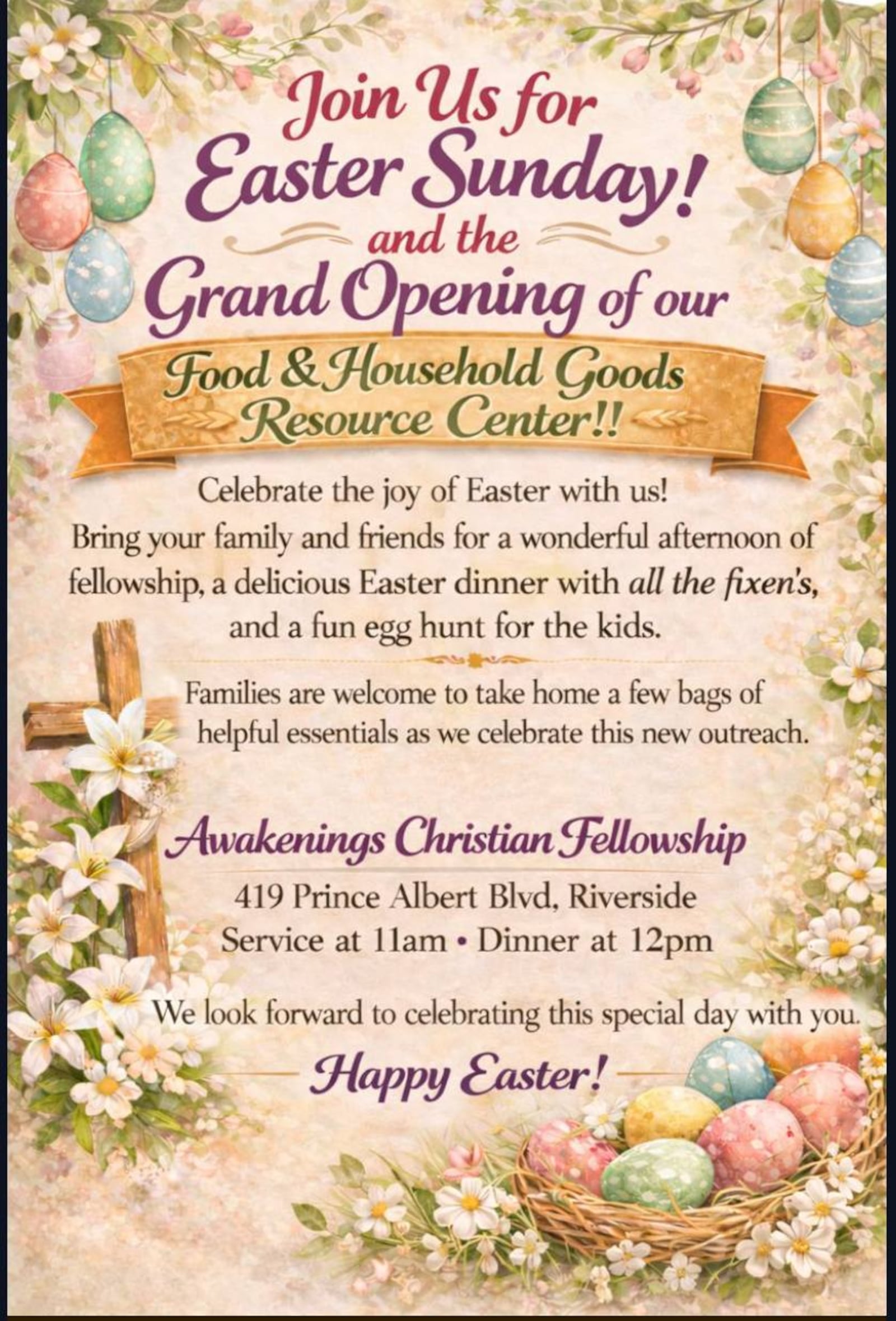 A Grand Opening will be held for the Riverside Food & Household Goods Resource Center, located at Awakenings Christian Fellowship Church in Riverside, Sunday, April 5. AWAKENINGS CHRISTIAN FELLOWSHIP FACEBOOK