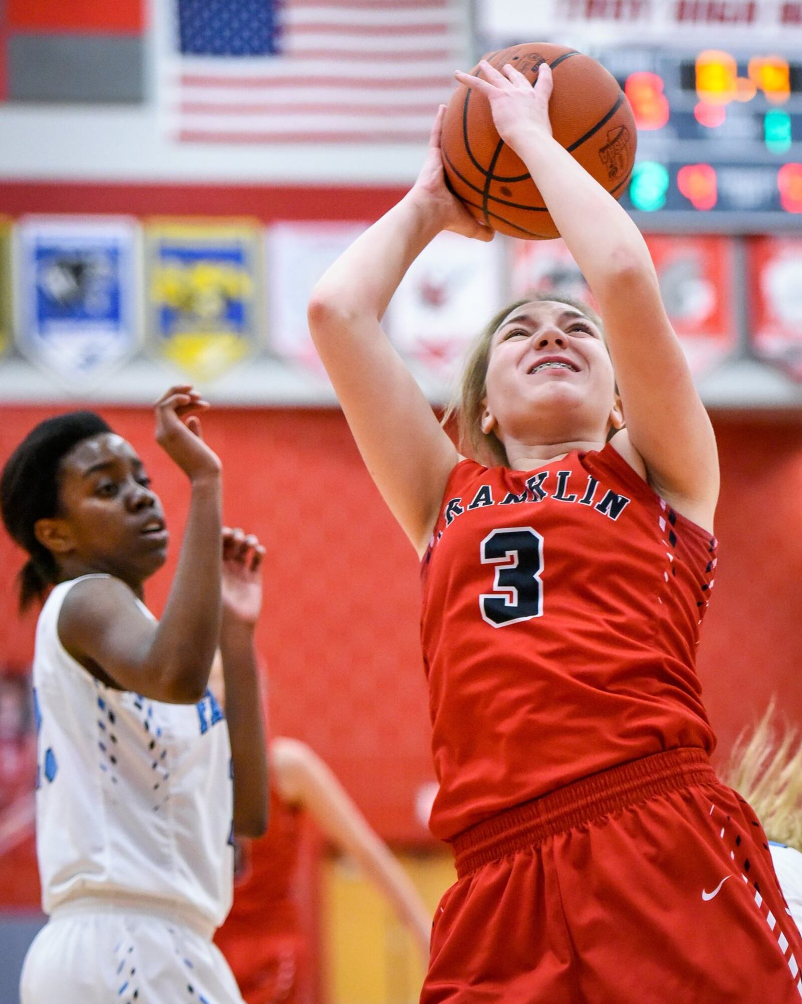 Franklin’s Kaylee Harris puts up a shot during a Division I sectional game against Fairborn on Feb. 20, 2017, at Troy. NICK GRAHAM/STAFF
