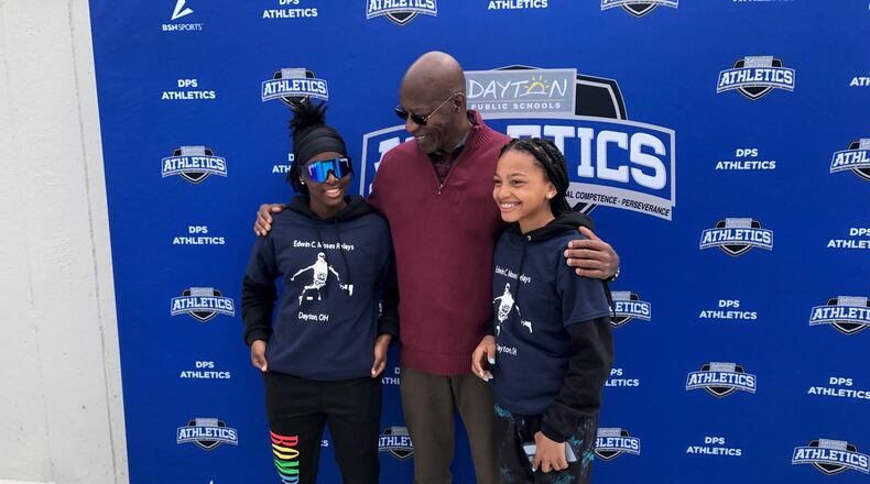 Edwin Moses and Dunbar's Jazual Young (left) and Richard Allen sixth grader Calise Mayberry during Saturday's Edwin C. Moses Relays at Welcome Stadium. Tom Archdeacon/CONTRIBUTED