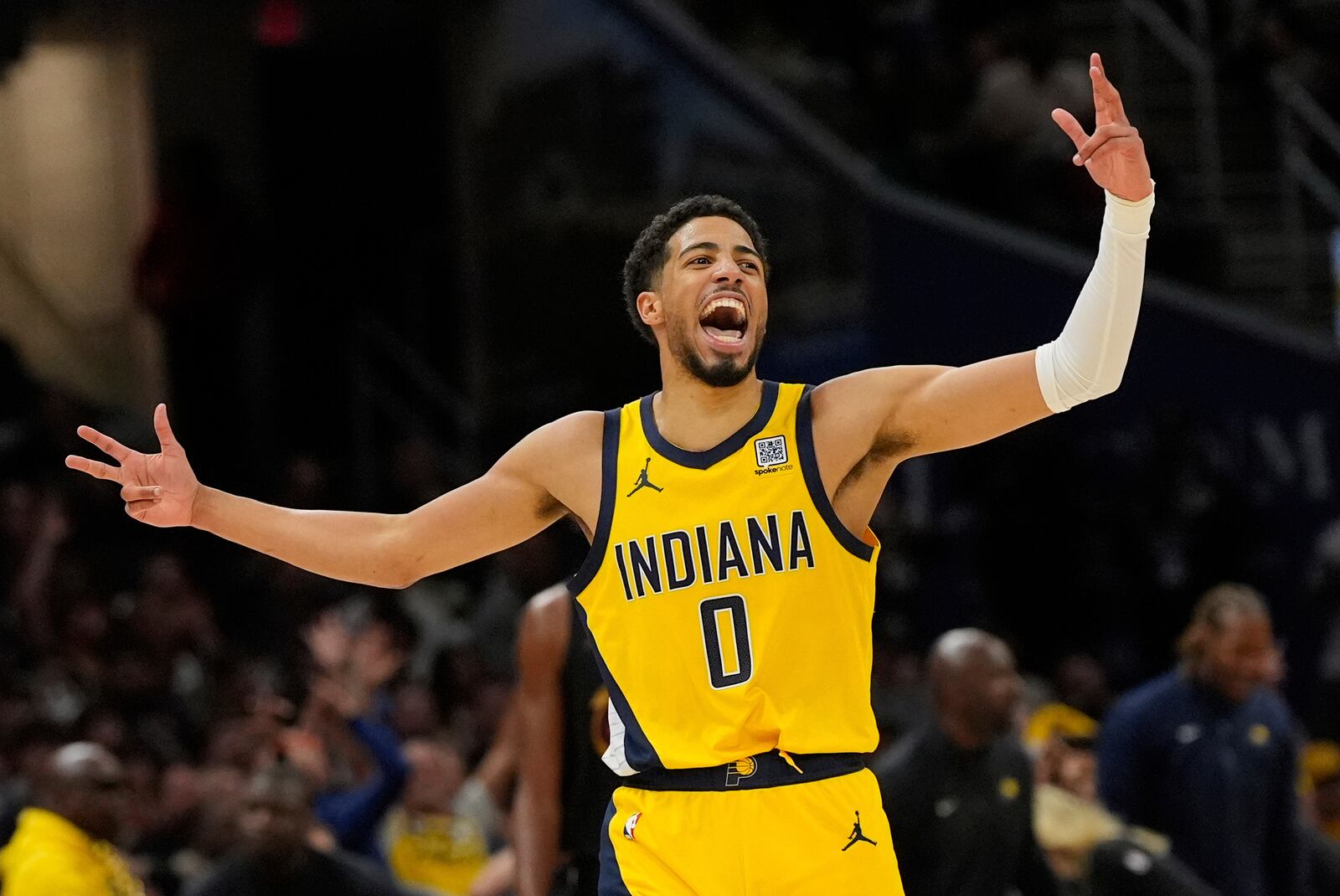 Indiana Pacers guard Tyrese Haliburton celebrates after scoring during the second half in Game 5 of an Eastern Conference semifinal NBA basketball playoff against the Cleveland Cavaliers, Tuesday, May 13, 2025, in Cleveland. (AP Photo/Sue Ogrocki)