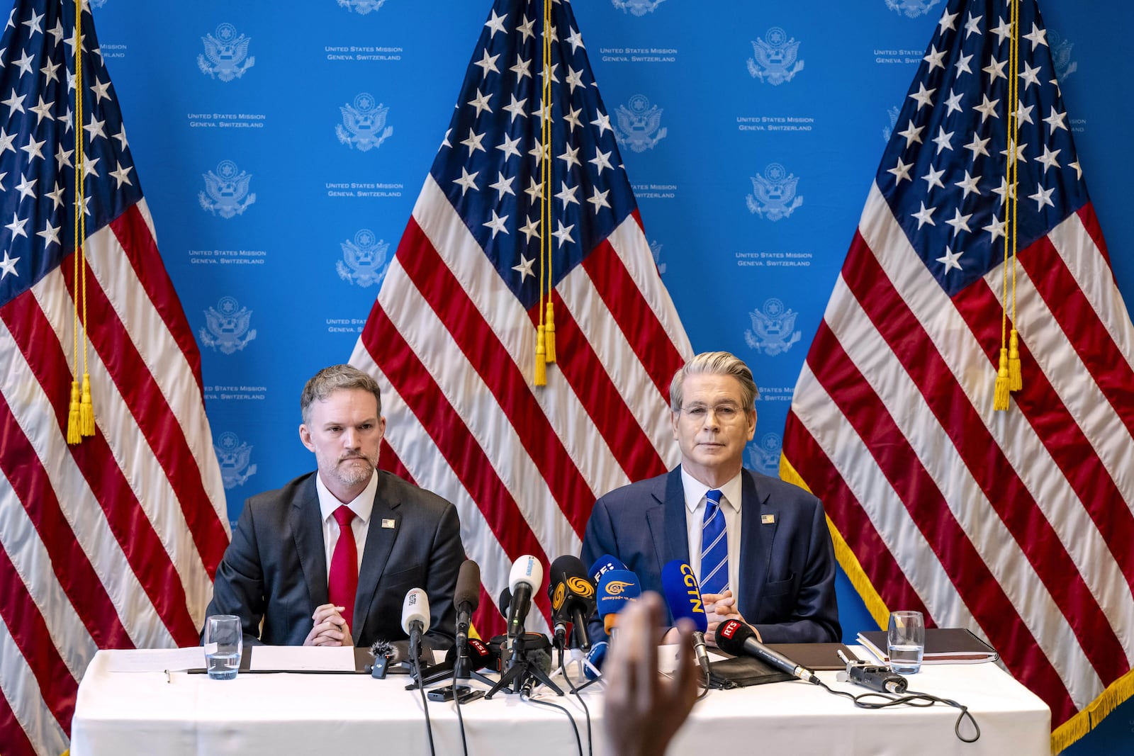 US Trade Representative Jamieson Greer, left, and US Secretary of the Treasury Scott Bessent take part in a press conference after two days of closed-door discussions on trade between the United States and China, in Geneva, Switzerland, Monday, May 12, 2025. (Jean-Christophe Bott/Keystone via AP)