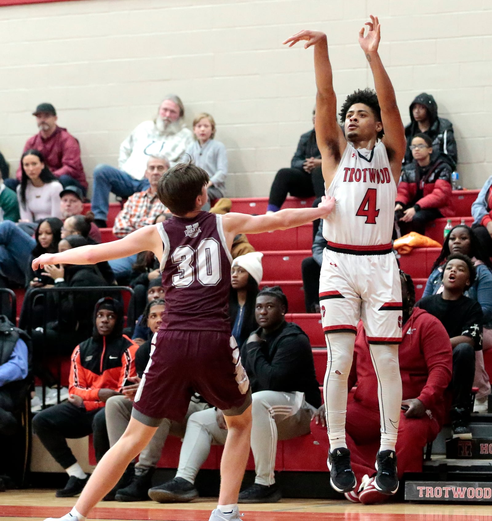 Trotwood senior Daveon Arnold hit five shots from the three-point line as Trotwood defeated Urbana 61-50 in a boys basketball game Tuesday, Dec. 23, 2025, in Trotwood. STEVEN WRIGHT / STAFF