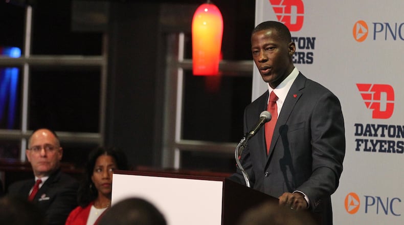 Dayton basketball coach Anthony Grant speaks at his introductory press conference on Saturday, April 1, 2017, at UD Arena. David Jablonski/Staff