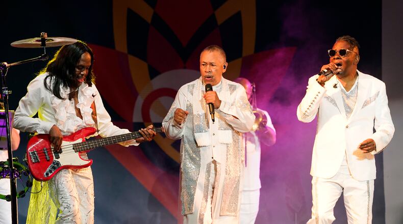 From left; Verdin White, Ralph Johnson and Philip Bailey of Earth, Wind & Fire perform at the Race to Erase MS drive-in event at the Rose Bowl, Friday, June 4, 2021, in Pasadena, Calif. (AP Photo/Chris Pizzello)