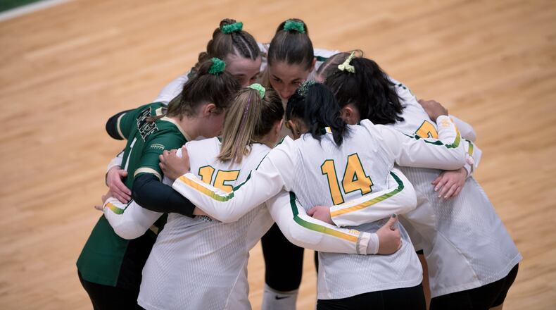 The Wright State volleyball team huddles during a match against NKU on Nov. 1 at McLin Gym. Joseph Craven/Wright State Athletics