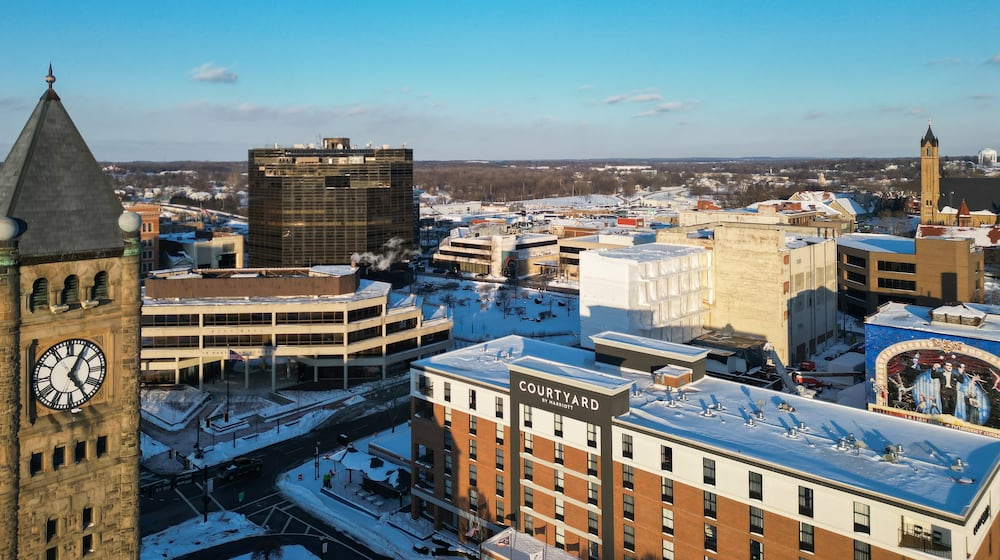 Buildings in downtown Springfield are covered with sunshine on Wednesday, Jan. 28. 2026. JOSEPH COOKE VIA DRONE / STAFF