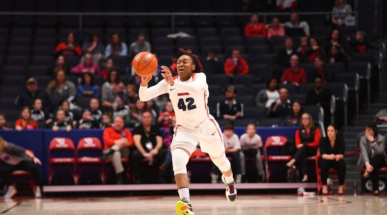 Dayton’s Jayla Scaife during a game vs. George Washington earlier this season at UD Arena. Erik Schelkun/Dayton Athletics