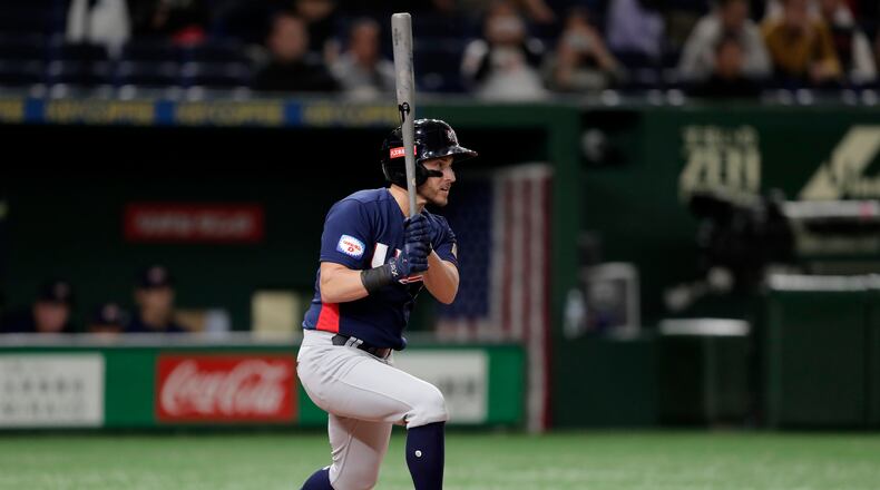 TOKYO, JAPAN - NOVEMBER 17: Outfielder Mark Payton #4 of the United States hits a grounder into a double play in the top of 3rd inning during the WBSC Premier 12 Bronze Medal final game between Mexico and USA at the Tokyo Dome on November 17, 2019 in Tokyo, Japan. (Photo by Kiyoshi Ota/Getty Images)