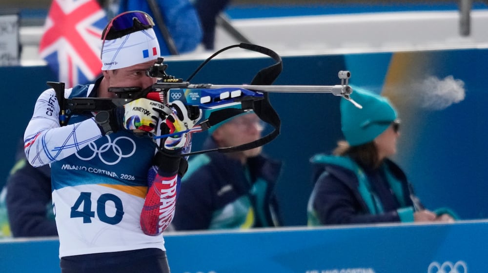 Quentin Fillon Maillet, of France, competes during the men's 10-kilometer sprint biathlon race at the 2026 Winter Olympics in Anterselva, Italy, Friday, Feb. 13, 2026. (AP Photo/Bernat Armangue)
