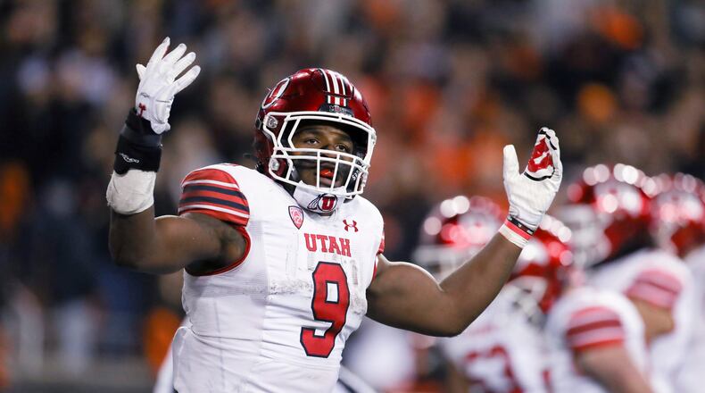Utah running back Tavion Thomas (9) celebrates his touchdown during the second half of the team's NCAA college football game against Oregon State on Saturday, Oct. 23, 2021, in Corvallis, Ore. (AP Photo/Amanda Loman)