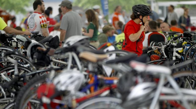 More than 500 bicyclists commuted to Riverscape MetroPark in downtown Dayton for a free pancake breakfast on National Bike to Work Day. STAFF