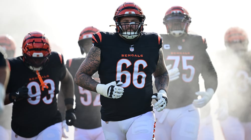 FILE - Cincinnati Bengals guard Dalton Risner is introduced before an NFL football game against the Cleveland Browns in Cincinnati, Jan. 4, 2026. (AP Photo/David Dermer, file)