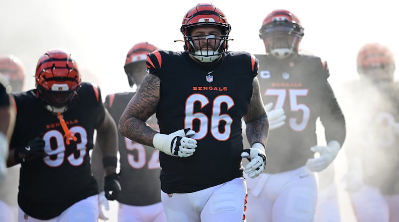 FILE - Cincinnati Bengals guard Dalton Risner is introduced before an NFL football game against the Cleveland Browns in Cincinnati, Jan. 4, 2026. (AP Photo/David Dermer, file)
