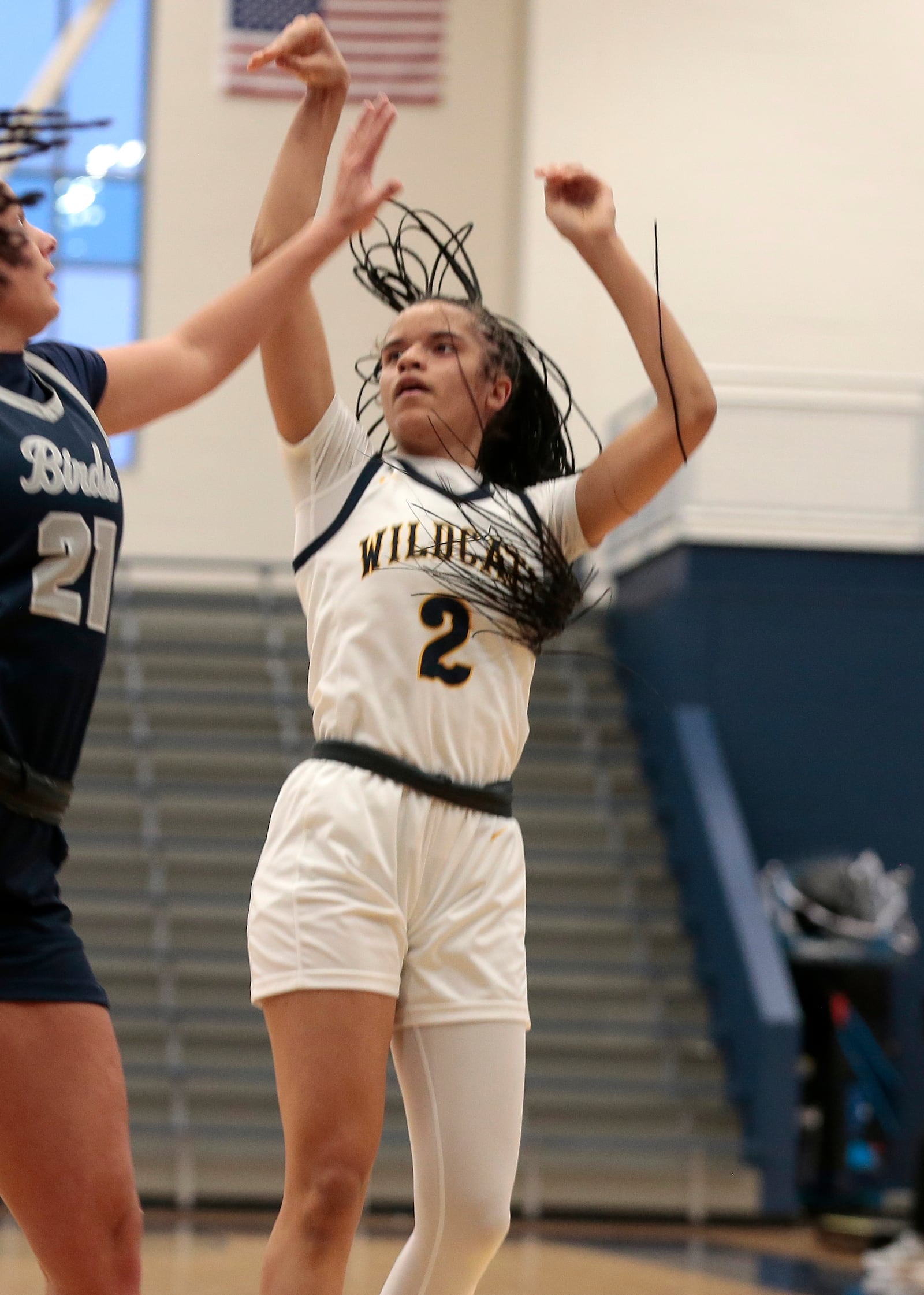 Springfield senior Milly Portis takes a three-point shot. Fairmont defeated Springfield 65-32 in the Division I district semifinals on Monday, Feb. 23, 2026, in Fairborn. STEVEN WRIGHT / STAFF