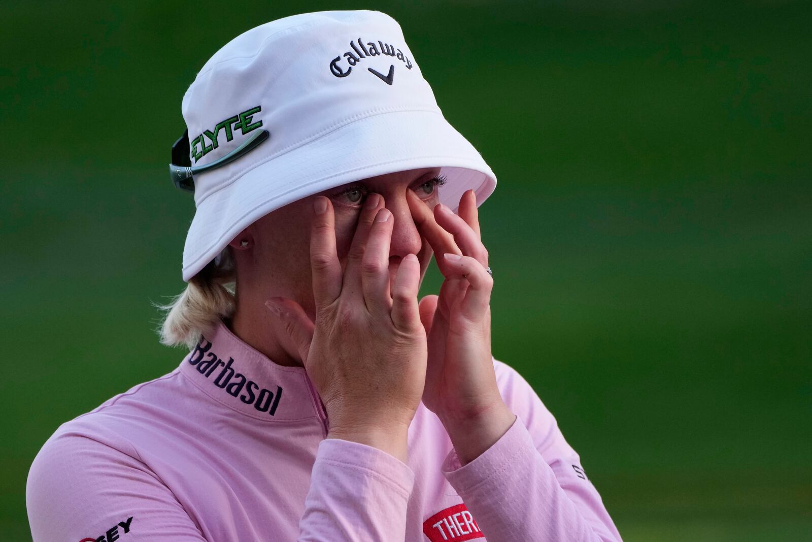 Madelene Sagstrom reacts after winning the LPGA T-Mobile Match Play golf tournament Sunday, April 6, 2025, in North Las Vegas, Nev. (AP Photo/John Locher)